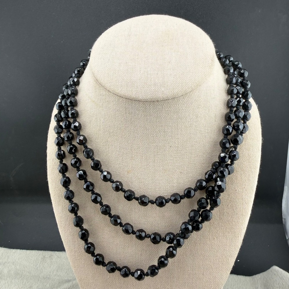 Vintage Long Multi Wrap Necklace Black Faceted Glass Flapper Opera 54”